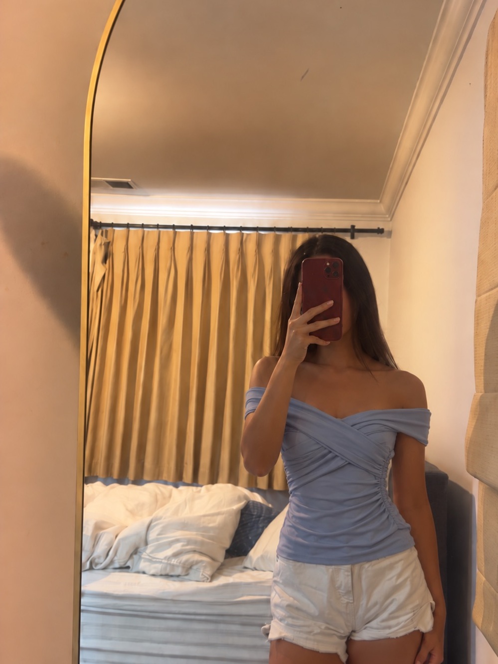 Aritzia Off-Shoulder Light Blue Ruched Crop Top